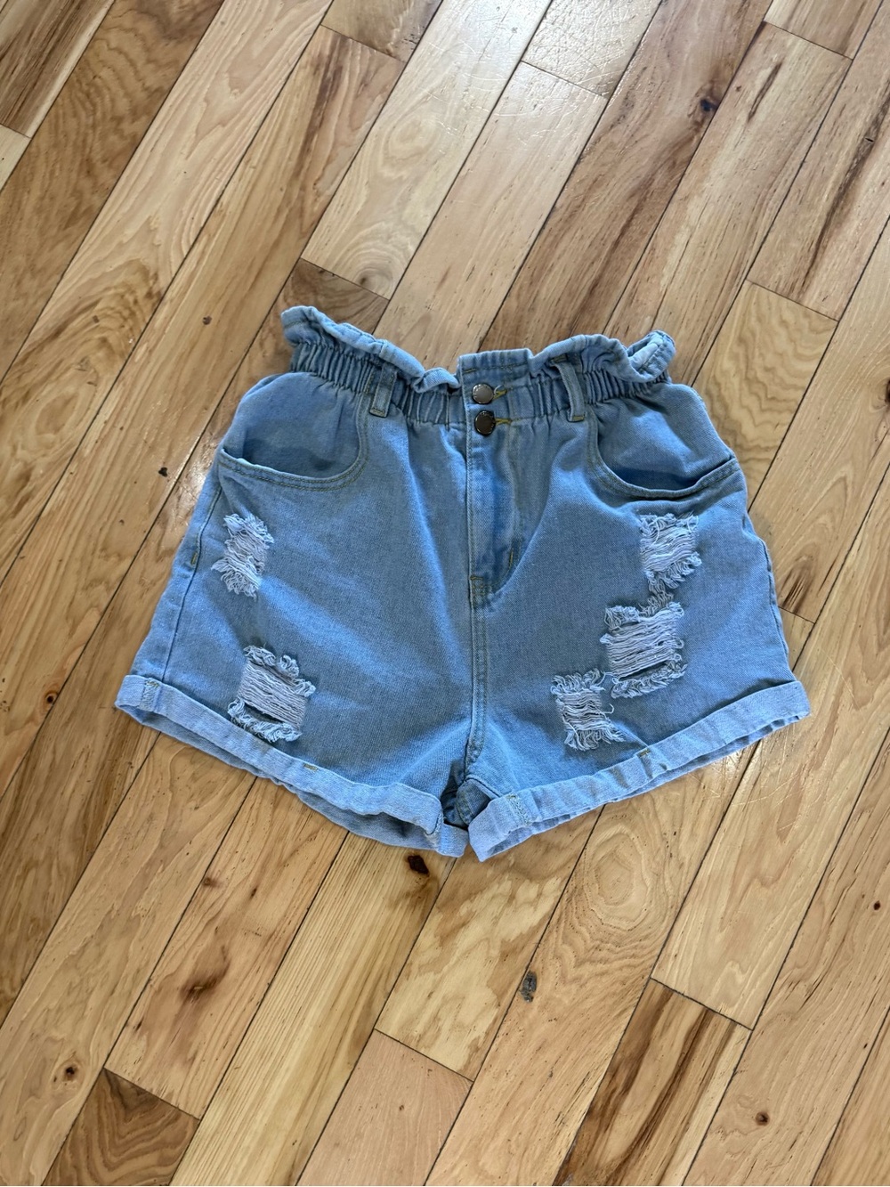 Plaid & Plain Light Wash Denim Paperbag Shorts Size M, 100% Cotton